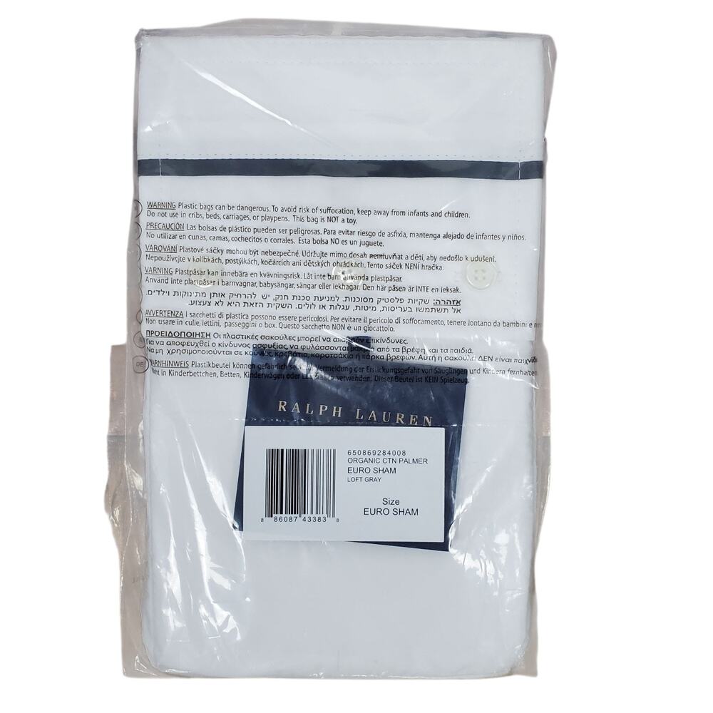 NEW Ralph Lauren Home Palmer Percale Euro Sham White/Loft Gray Organic Cotton